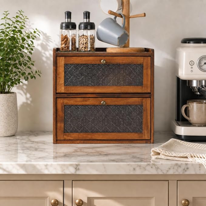 Sunhoo Bread Box for Kitchen Countertop, Large Pine Wood Breadbox, Brown | Farmhouse Pantry Container, Double Layer Storage, Fresh Homemade Sourdough Bin, Vintage Textured Acrylic Door, Easy Assembly - Image 7