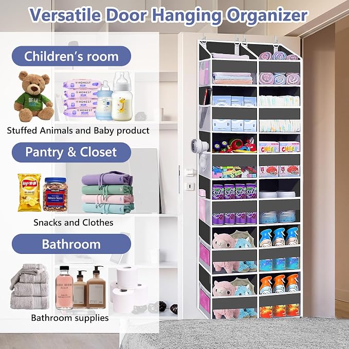 Heavy Duty Over The Door Organizer 6 Tiers, Extra Large Behind Door Storage of 12 Big Front & 12 Mesh Pockets, 80lb Weight Capacity, Hanging Doors Storage for Closet Bedroom Nursery, Gray - Image 5