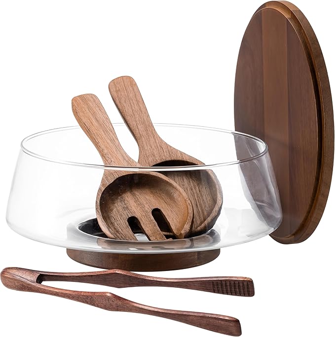 Extra Large Glass Salad Bowl Set, 4.8Qt Mixing Bowl with Acacia Wood Lid, Base and Salad Serving Utensils, Clear Serving Bowl Trifle Bowl, Elegant Salad Bowls for Kitchen,Parties,Christmas by WARMGIFTWM