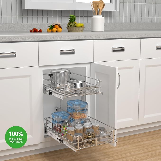 2-Tier Cabinet Pull Out Shelves, 14" W x 22" D, Chrome | Heavy-Gauge Wire Kitchen Cabinet Organizer, 100 lbs Capacity, Ball-Bearing Glides, Min 15" Opening, For Tupperware & Bowls - Image 2