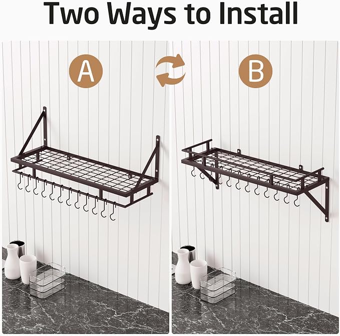 KES 30-Inch Wall Pot Rack, Oil Bronze, 88lb Capacity, 12 Hooks, Farmhouse | Carbon Steel Construction, Reinforced Grid Shelf, Stud Mounting, 12 S-Hooks, Rust-Resistant, Indoor Kitchen Organizer - Image 8