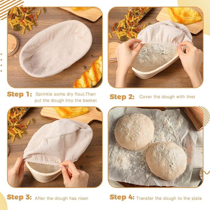 4 Pieces Oval Bread Banneton Proofing Basket 10 Inch Rattan Sourdough Bread Baskets Banneton Dough Proofing Bowls with Liners and Scatters for Home Sourdough Baking(Oval) - Image 4