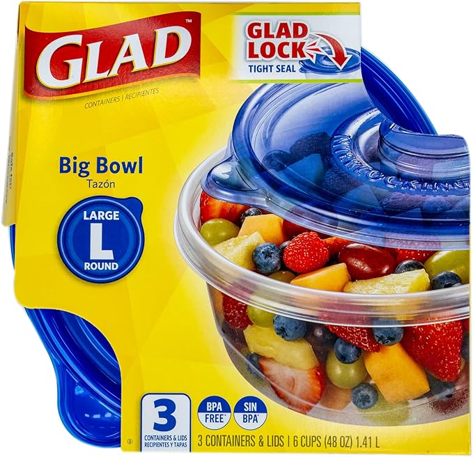 Glad GladWare Big Bowl Food Storage Containers, Large Round, 48 Oz, 3 Count | Lock-tight seal for soups, salads, and meal prep in a large round format; microwave and dishwasher safe - Image 3