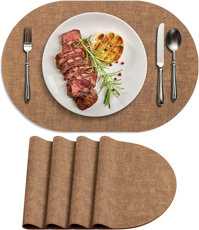 Placemats Set of 4 - Washable Heat Resistant Table Placemats - Wipeable Faux Leather Oval Place Mats, Waterproof Table Mats for Dining Table, Brown by Delicateandelegantplacemats