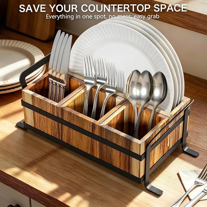 Acacia Wood Silverware Caddy for Party, 4 Compartment | Rustic Wooden Utensil Caddy with Metal Handles, Countertop Cutlery Flatware Organizer Box for Forks, Spoons, Buffet Table - Image 7