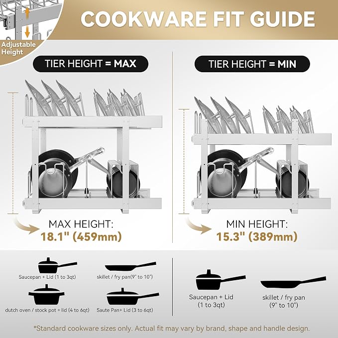 2-Tier Pots and Pans Organizer Under Cabinet Kitchen 21" W *22" D | Pull out Cabinet Organizer for Pots, Pans, and Lid Cookware, Adjustable Heavy Duty Wire Pan and Pot Rack, Full-Extension Rail - Image 6