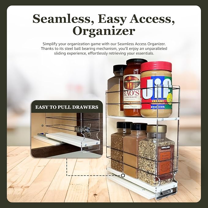 Sliding Spice Rack Organizer for Cabinets - Pull Out Shelves for Upper Kitchen Cabinets - Cabinet Organizer/Storage - 2 Tiers - 3.45" x 12.25" x 10.6" (Cream, Partially Assembled) - Image 3