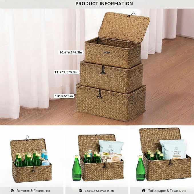 Nonam Seagrass Storage Baskets with Lid Set of 3,Wicker Basket Storage Bin for Shelves,Rectangular,Boho Decor,Handwoven Shelf Basket for Organizing-Storage Container Box for Home Organization-Coffee - Image 2