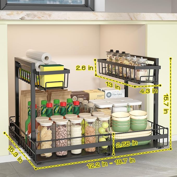 NADAMOO Expandable Under Sink Organizer, 2-Tier Pull Out Cabinet Organizer | Expandable Width, 3-Level Height Adjustment, Metal Storage Rack with 3 Slide Rails for Kitchen Bathroom Laundry, Black - Image 5