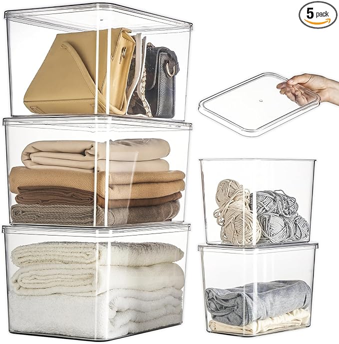 Lidded Plastic Storage Bins Set Clear Desk Basket Box Organizer Kitchen Container Clothes Laundry Closet Cabinet Shelf, Organization and Storage for Shelves Office Bathroom(clear 3XL+2M) by sgoostood