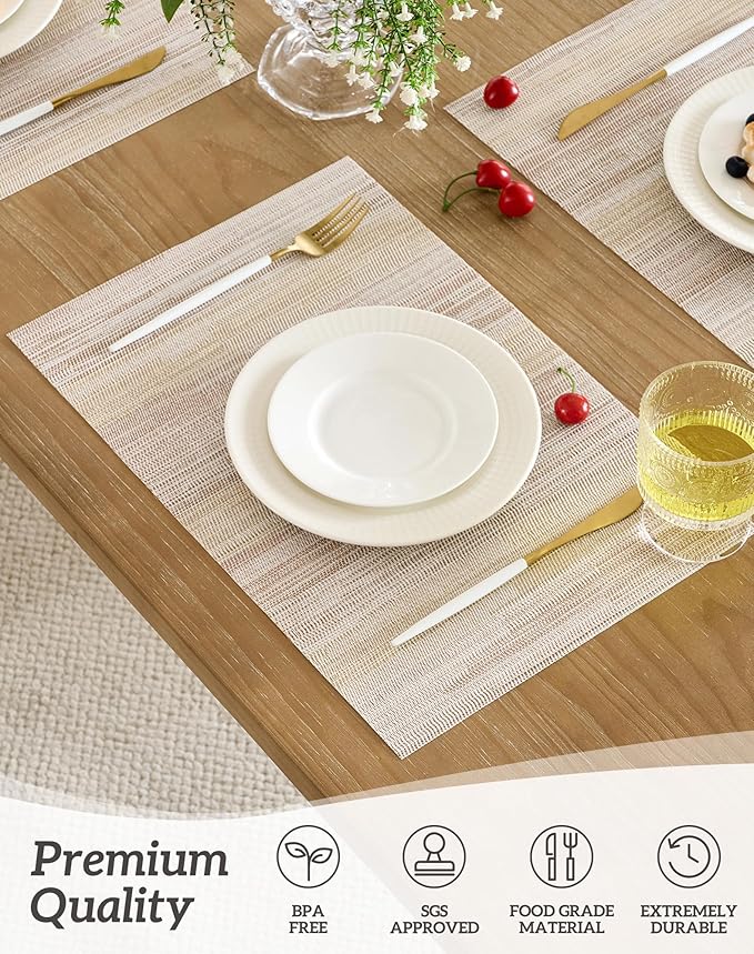 Leetaltree Lightsteel Beige with Yellow Placemats Set of 12 - Heat Resistant Non-Slip Place mats for Dining Table, Washable Durable PVC Vinyl Woven Table Mats (Lightsteel Beige with Yellow, 12) - Image 2