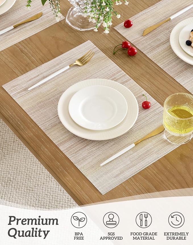 Leetaltree Lightsteel Beige with Yellow Placemats Set of 4 - Heat Resistant Non-Slip Place mats for Dining Table, Washable Durable PVC Vinyl Woven Table Mats (Lightsteel Beige, 4) - Image 2
