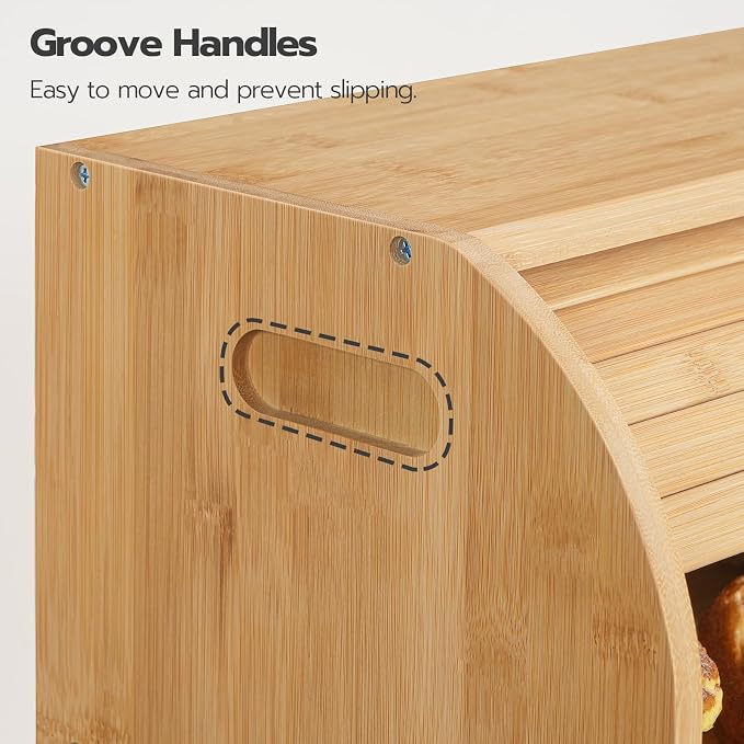 HOOBRO Bread Box, Bamboo Bread Box for Kitchen Countertop, 2 Tier Roll-Top Bread Bin, Food Storage Box, Large Capacity Keeper, Wooden Storage Cabinet, for Kitchen, Dining Room, Natural YL13MB01 - Image 9