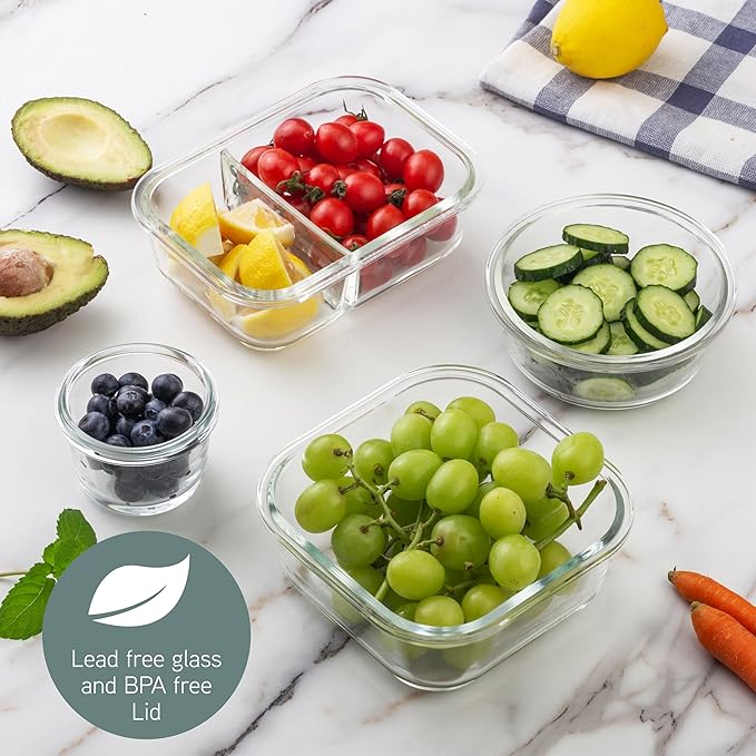 COOK WITH COLOR Premium 32-Pc. Borosilicate Glass Food Container Set with Dividers - 4 Rectangles, 8 Rounds, 4 Squares - Leakproof Lids - Meal Prep, Storage, Ombre Green - Image 5
