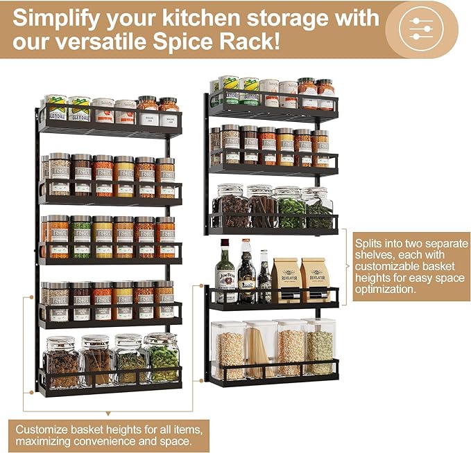 X-cosrack Wall Mount Spice Rack Organizer 5 Tier Height-Adjustable Hanging Spice Shelf Storage for Kitchen Pantry Cabinet, Dual-Use Seasoning Holder Rack with Hooks, Black-Patented - Image 4