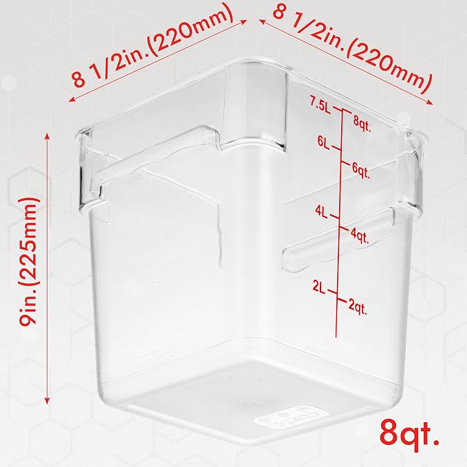 8-Pack 8 Qt NSF Clear Polycarbonate Food Storage Containers with Red Lids - Square, Commercial-Grade, Freezer & Dishwasher Safe, Stackable - Image 9
