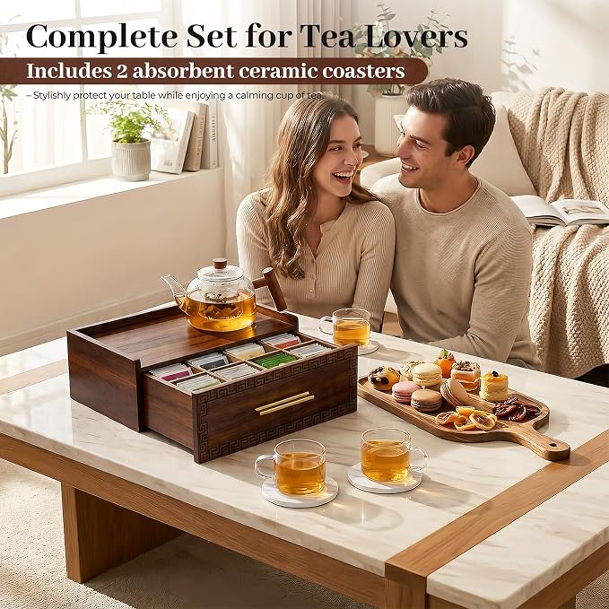 Acacia Wood Tea Bag Organizer with Storage Drawer | 8 Compartments Tea Caddy with Pattern Carving & 2 Ceramic Absorbent Coasters | Wooden Teabag Holder Tea Organizers for Countertop (Walnut) - Image 2