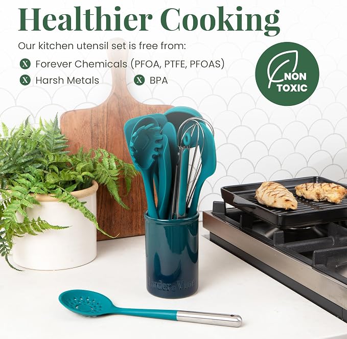 Larder & Vine 12-Piece Silicone Kitchen Cooking Utensils Set with Stainless Steel Handle and Ceramic Holder, Dishwasher Safe Set of Kitchen Essentials (Bondi) - Image 5