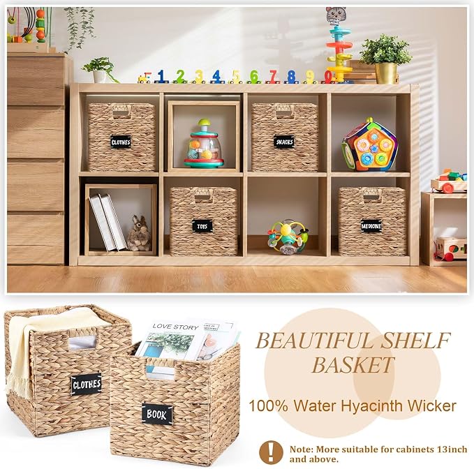 Jinei 12 Pcs Wicker Storage Basket Bulk, 10 x 10 x 10 Inch Handwoven Hyacinth Folding Cube Bin with Handles Labels for Shelves Pantry Laundry Organization - Image 4