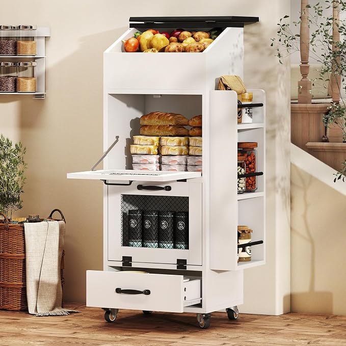 Verano Garden 16.0" Potato and Onion Storage Bin on Wheels, Bread Box | Fruit and Vegetable Organizer, Rolling, Side Rack, Flip-top, Mesh Doors, 4-Tier, Grocery Section, Ventilated, Wood, Kitchen - Image 8
