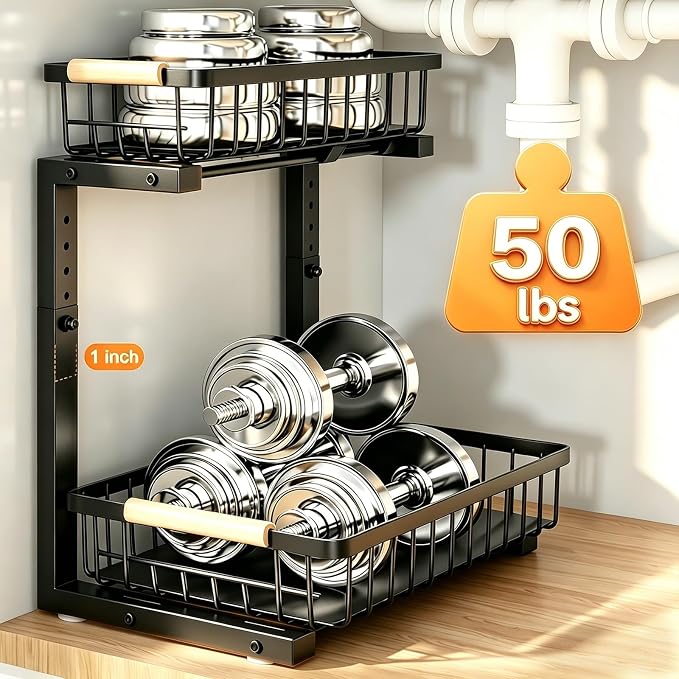 Under Sink Organizer, Adjustable 2 Tier Pull Out Kitchen Bathroom | cabinet organizer, 5 level adjustable, quiet sliding rails, dual suction and nano tape, no drill, rust resistant holds 50 lbs - Image 6