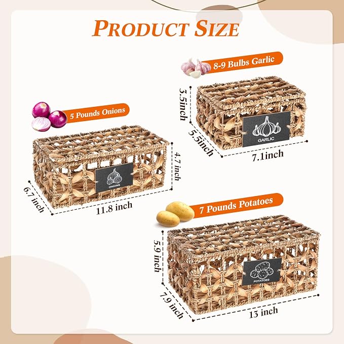 Set of 3 Kitchen Vegetable Storage Potato Onion Garlic Storage Bins with Lid and Label, Handwoven Wicker Pantry Organizer Keeper Containers Baskets for Countertop Cabinet Farmhouse Decor - Image 3