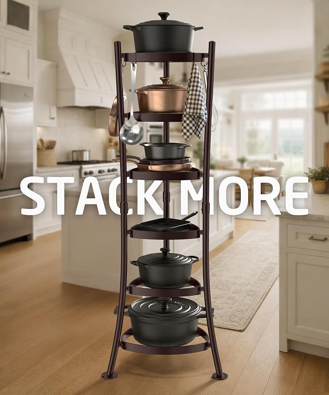 KES Oiled Bronze Freestanding Pot Rack, 6-Tier Cookware Stand, 6 Hooks | 264 Lbs Capacity, Cast Iron Pots and Pans Storage Tower for Kitchen, Stable Base, Anti-tip Strap & Floor Protectors - Image 2