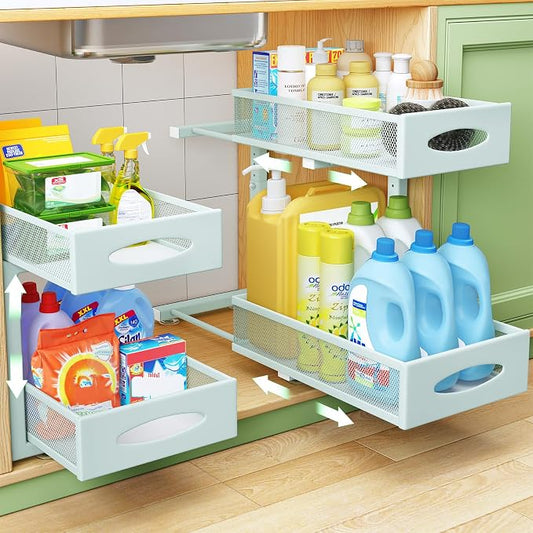 Under Sink Organizer, 2 Tier Pull out Cabinet Organizer Baskets with Mesh Sliding Drawers, Slide out Storage Shelf for Home, Kitchen, Bathroom, Pantry, Office Cabinet(1 Pack, Blue) by Kitstorack