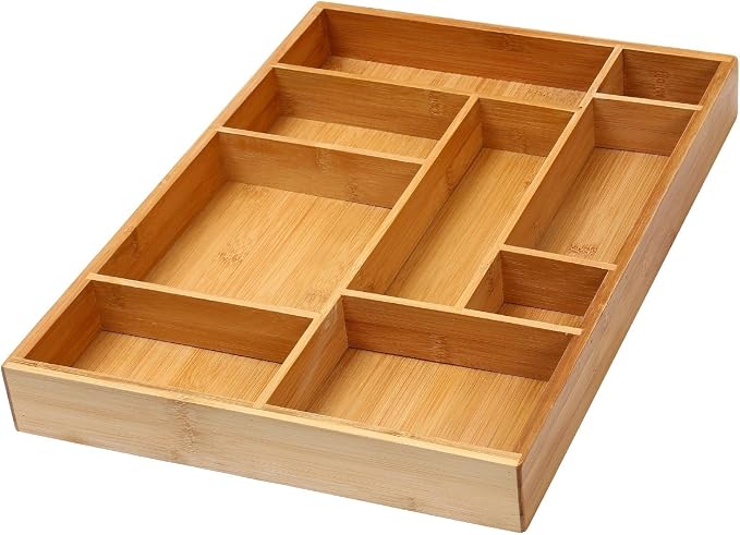 YBM Home Bamboo Junk Drawer Organizer with 9 Compartment Organization Tray for Sewing, Craft, Office, Bathroom and Kitchen Storage, 337 - Image 2