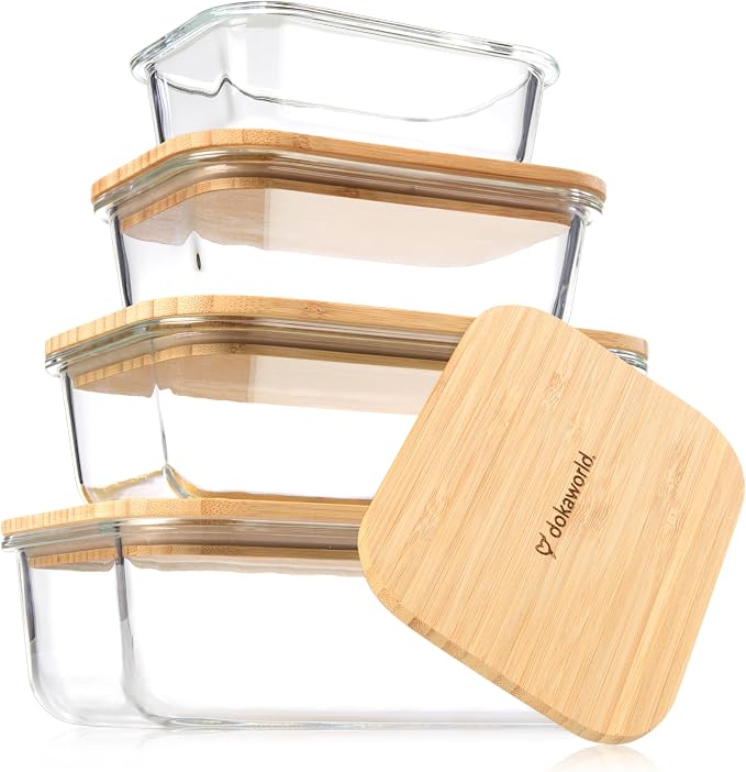 Set of 4 Stackable Space-Saving Nesting Glass Containers with Airtight Bamboo Lids - Lunch, Meal & Food Prep - Microwave & Oven Safe BPA Free Durable Heat Resistant Inert Borosilicate Glass by Dokaworld