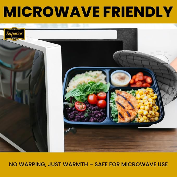 Superior 10 Pack Meal Prep Containers - 32oz Reusable 3 Compartment Food Containers–Microwave and Dishwasher Safe Prep Plastic Food Containers with Lid Divided Bento Box Lunch Tray - Image 6