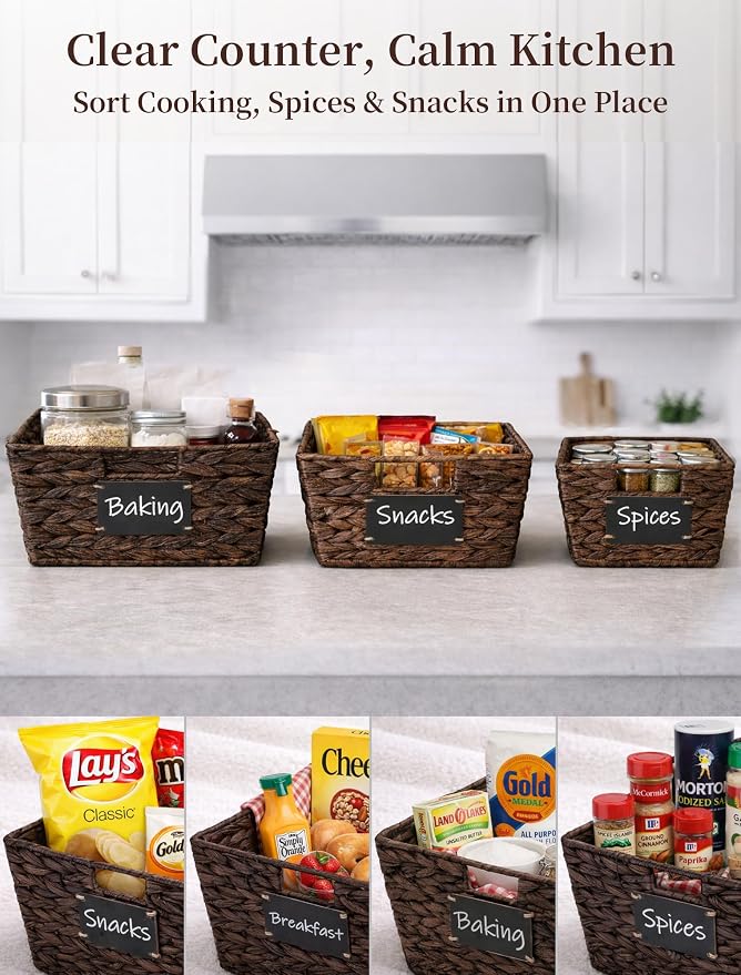 Pantry Baskets, 3 Pack Wicker Storage Baskets for Shelves, Brown | Water Hyacinth Baskets for Organizing, 3-Size Pantry Bins with Chalkboard and Marker for Shelf, Snack, Kitchen, Bathroom - Image 4