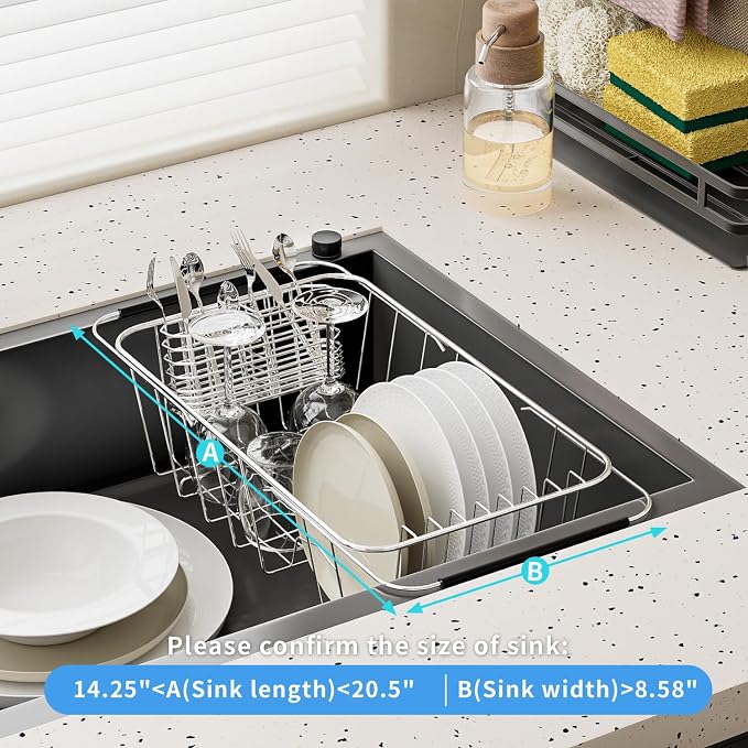 JAQ Over Sink Dish Drying Rack for Small Sink, Compact Expandable 14.25"–22.44", Adjustable 304 Stainless Steel Dish Drainer with Utensil Holder, Space Saving for Small Kitchen - Image 6