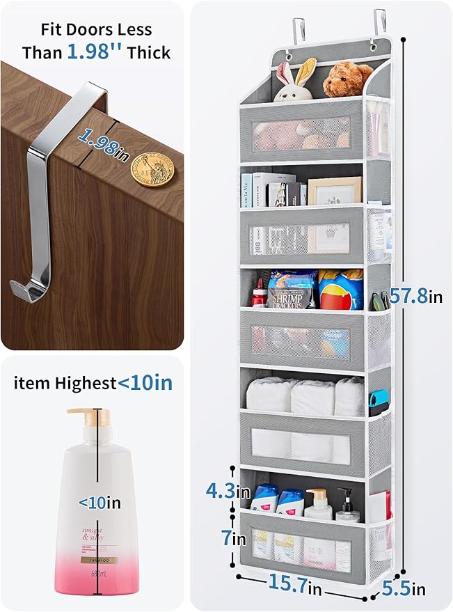 JARLINK Over the Door Organizer for Pantry, Bathroom, 5 Shelf Grey, 2 Pack | Anti-Tilt Design, 44 lb Load Capacity, Hanging Door Organizer with 5 Large Capacity Pockets, Behind Door Storage for Nursery - Image 3