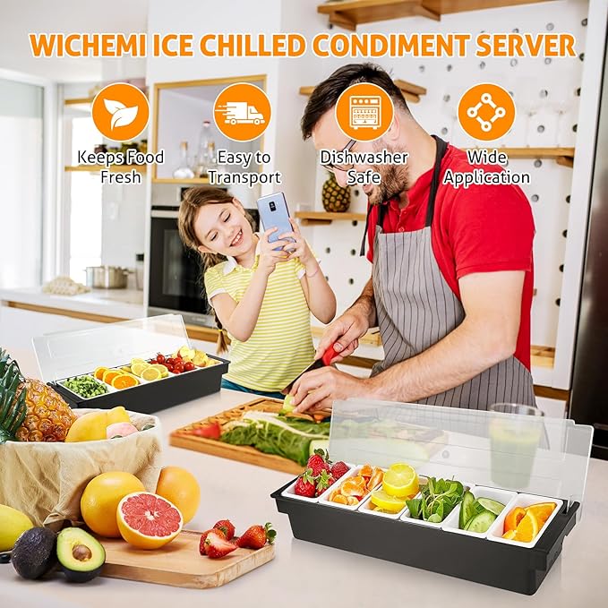 WICHEMI Ice Chilled Condiment Caddy with 6 Removable Trays and Lids | Condiment Container, Taco Bar Serving Tray, Fruit & Garnish Trays Serving Platter for Salad, Party Supplies & Bar Accessories - Image 5