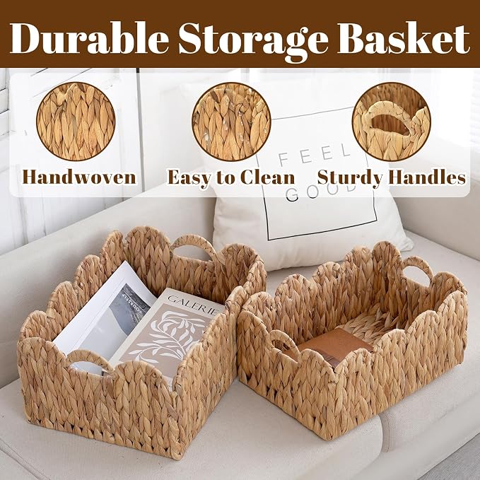 Wicker Storage Baskets with Handles, Woven Organizer, 2-Pack | 2-pack natural wicker baskets with handles in large and small sizes; woven organizers for home, kitchen and nursery storage. - Image 4