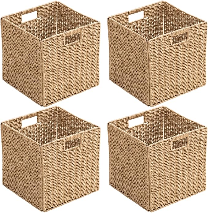 Handwoven Paper Woven Cube Basket Organizer with Handles set of 4 Foldable Storage baskets for Bedroom Living Room Cubby Storage Units for Clothes Books Toys (Natural, 13" L x 13" W x 13" H) by HaoGZMZFCL