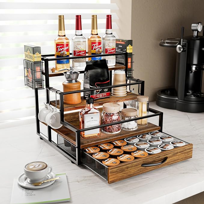 Coffee Syrup Organizer Rack, 4-Tier Stand with K-Cup Drawer & Side Hooks | All In One Holds 12 Syrup Bottles , 36 K-Cups Pump Use On-Shelf for Home Kitchen Pull-Out Drawer Side Basket For Mugs/Stirrer - Image 2