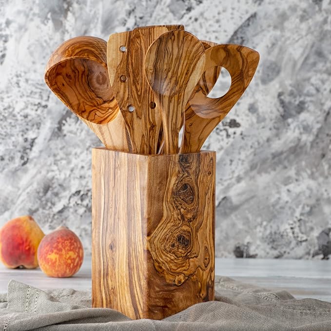 Olive Wood Large Utensil Holder - 6 x 4 Wooden Kitchenware Organizer - Rustic Utensil Holder - Handmade Spoons Holder for Countertop - Cooking Utensil Crock - Kitchen Tool & Accessories - Image 4