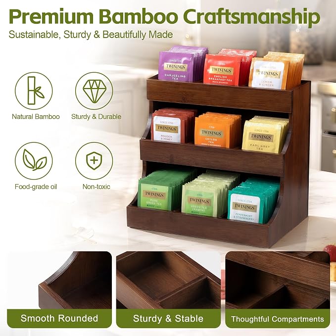 Bamboo Tea Bag Organizer, 3-Tier Tea Storage Box with 9 Compartments, Holds Up to 180 Bags, Tea Holder Organizer for Coffee Station, Kitchen Countertop, Pantry and Cabinet | No Installation Required | Natural Bamboo | No Burrs | No Odor | Sturdy & Dura... - Image 4