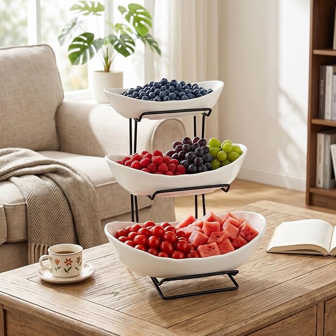 3 Tier Ceramic Fruit Basket for Kitchen Counter with Metal Stand, Fruit Bowls with Rack, Porcelain Bowls for Vegetable Bread Candy Snack Nuts Dessert Cake Tray - Image 7
