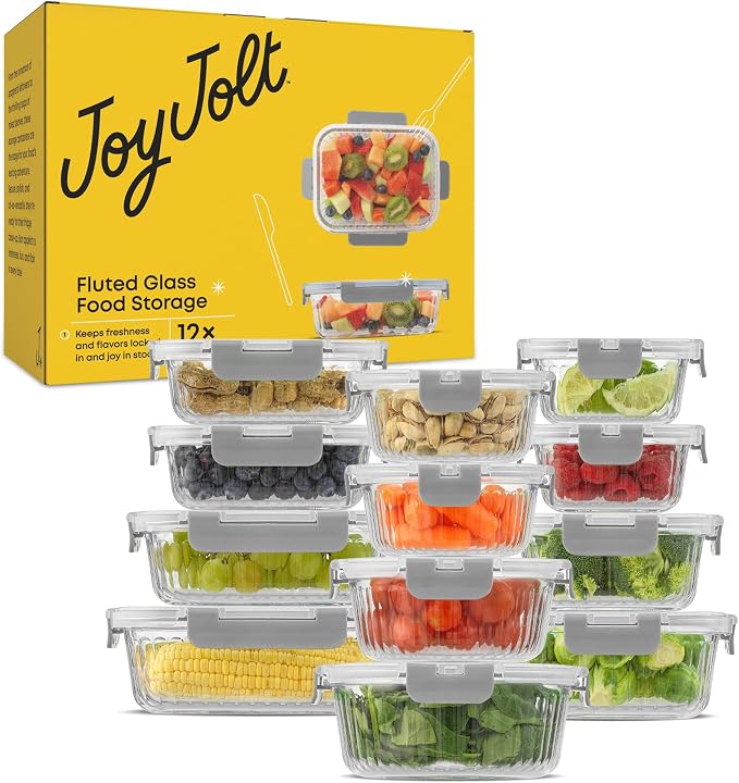JoyJolt 24pc Borosilicate Glass Storage Containers with Lids | 12 Airtight/Freezer Safe Food Storage Containers for Pantry and Kitchen | Meal Prep Container for Lunch | Glass Tupperware Set - Image 9