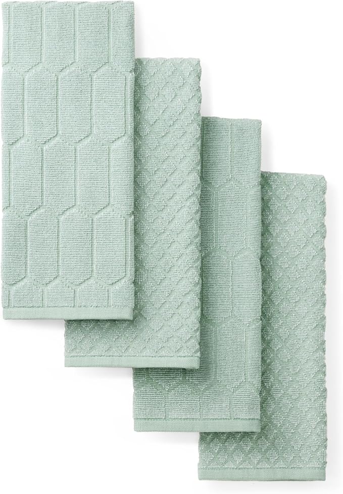 Martha Stewart Honeycomb Chambray Textured Kitchen Towel 4-Pack Set, 100% Cotton with Absorbent Terrycloth, Decorative Kitchen Towels, Mint Green, 16"x28" by MarthaStewart