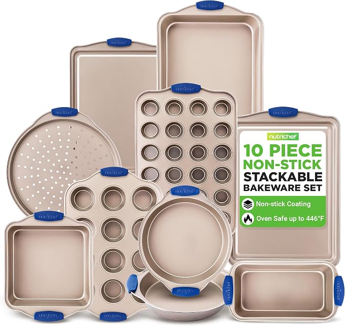 NutriChef 10-Piece Nonstick Bakeware Set - Premium Carbon Steel Baking Pan Set w/Heatsafe Silicone Handles, Includes Pizza Crisper, Loaf Pan, 12 & 24 Cup Muffin Pans, Cake Pans, Cookie Sheets by NutriChef%E2%84%A2Kitchen