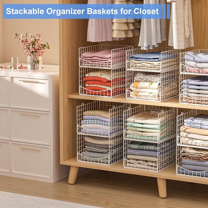 Hongtamoya 4-Tier Stackable Closet Organizers and Storage Shelves, Foldable & Mutifunctional Clothes Storage Basket Sweater Organizer Bins Container for Wardrobe Kitchen Office Bathroom, White - Image 6