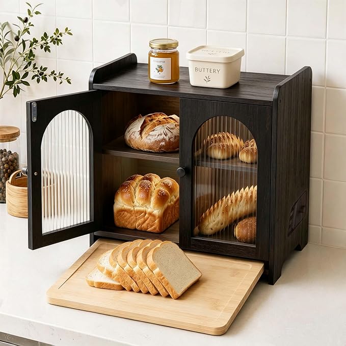 Bread Box for Kitchen Countertop, Large Double Layer Wooden Bread Storage Container with Acrylic Window, Adjustable Air Vents & Built-In Cutting Board, Pantry Organizer, Black by EMOJOY
