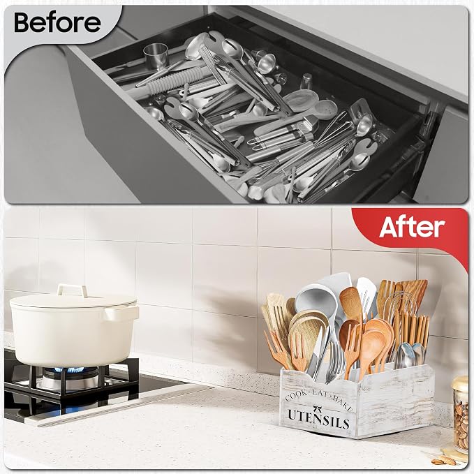 Extra-Large Kitchen Utensil Holder for Countertop-360° Rotating Base | 6-Compartments Cooking Utensil Organizer, Removable Divider, Wooden Utensil Organizer for Countertop, Farmhouse Kitchen Decor - Image 2