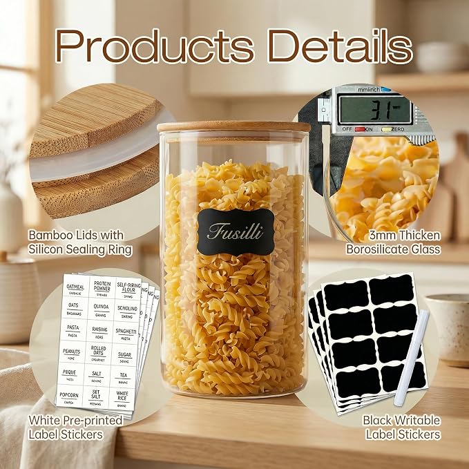 17 oz Glass Jars with Bamboo Lids, Airtight Food Storage Containers, 4 Pack | Round Small Pantry Jars for Spices, Nuts & Seeds , 3mm Borosilicate Glass Canisters Keep Food Fresh, Easy to Fill & Clean - Image 4