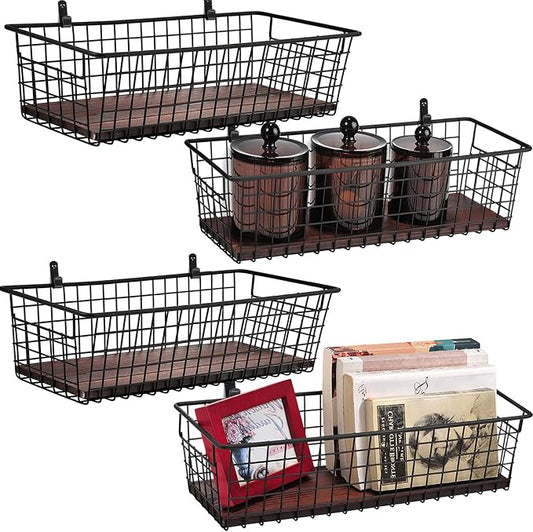 SheeChung [Extra Large Wall Storage Basket, Metal Hanging Basket, Black | Wooden Base & Handle, Portable Wire Farmhouse Food Organizer for Home Kitchen Bathroom Pantry Laundry Closet Garage RV,4 Pack by SheeChung