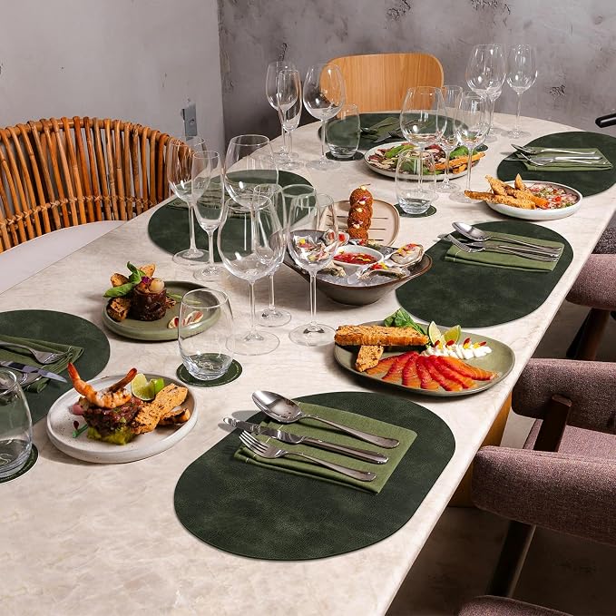ADRIMER Placemats, Heat Resistant Oval Placemats Set of 12 Washable 12 x 17 Inch, Waterproof Table Mats, Wipeable Pu Place Mats for Kitchen, Dining Room, Olive Green - Image 7